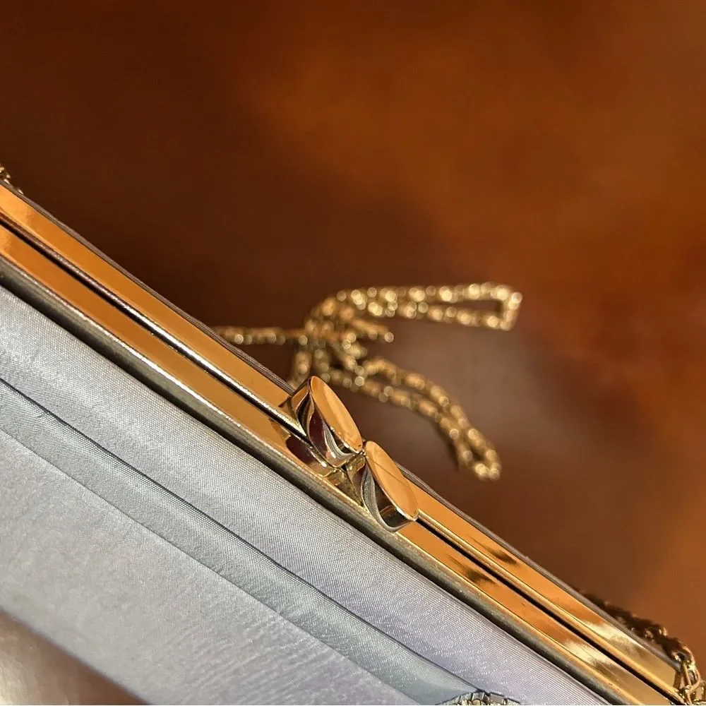 Menbur Powder Blue Evening Clutch Purse Detachable Gold Chain Strap Wedding Prom